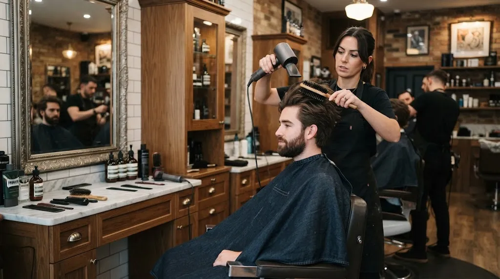 Professional barber blow-drying and styling short men's hair with a nozzle attachment for everyday grooming.