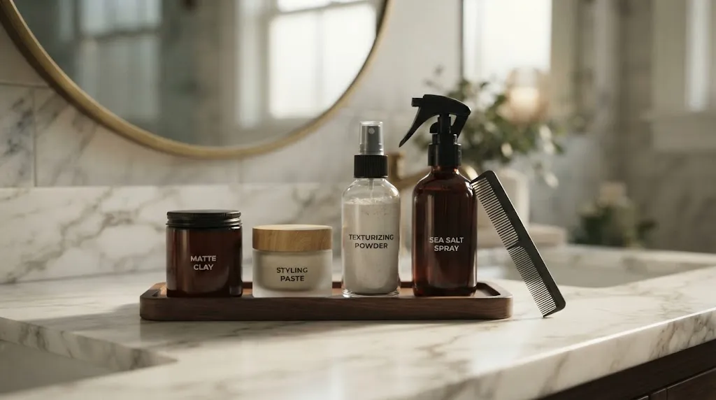 Collection of professional men hair styling products including matte clay, paste, and sea salt spray on a marble counter