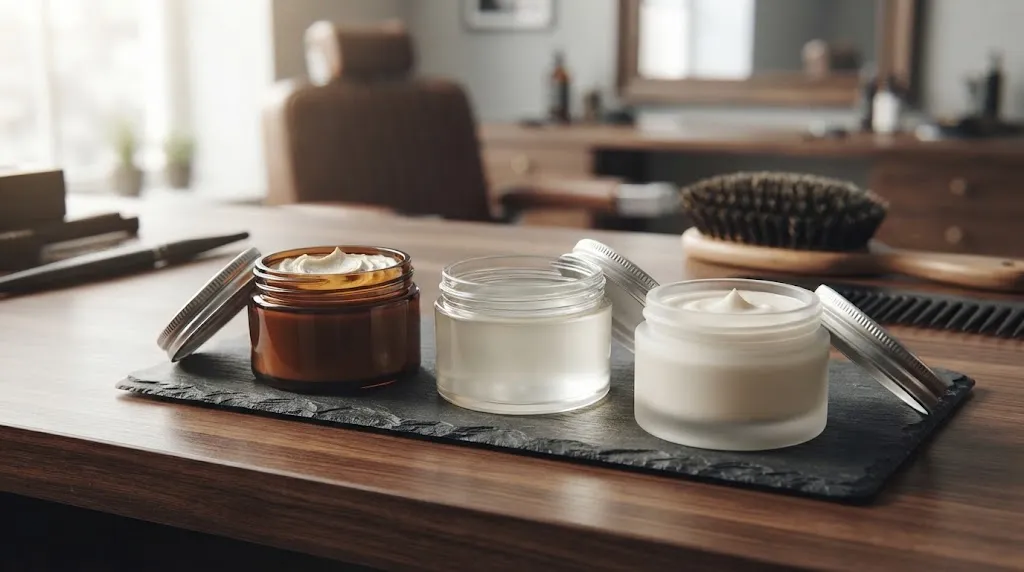 A close-up photograph of three open jars of men's hair styling products&mdash;matte clay, classic pomade, and styling cream&mdash;displayed on a wooden surface in a barbershop.