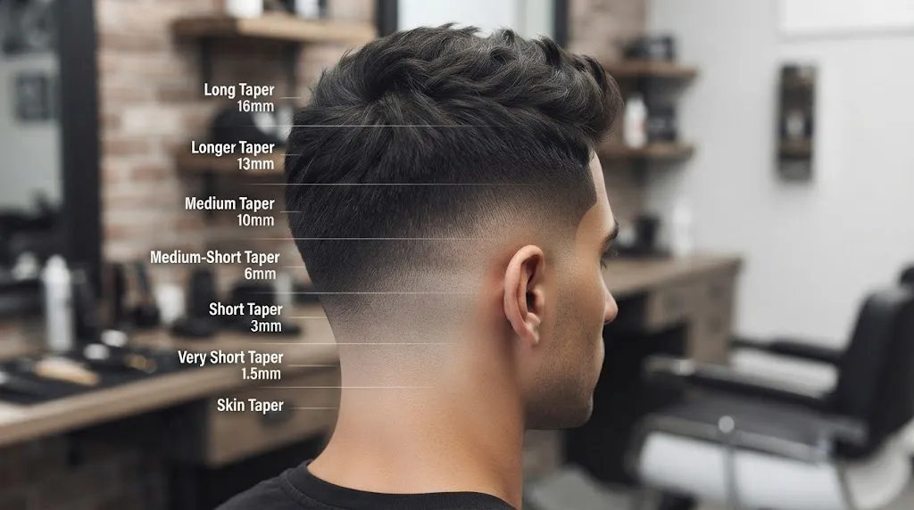 Visual taper length ladder showing gradient fade levels from short to long tapers for men's haircuts