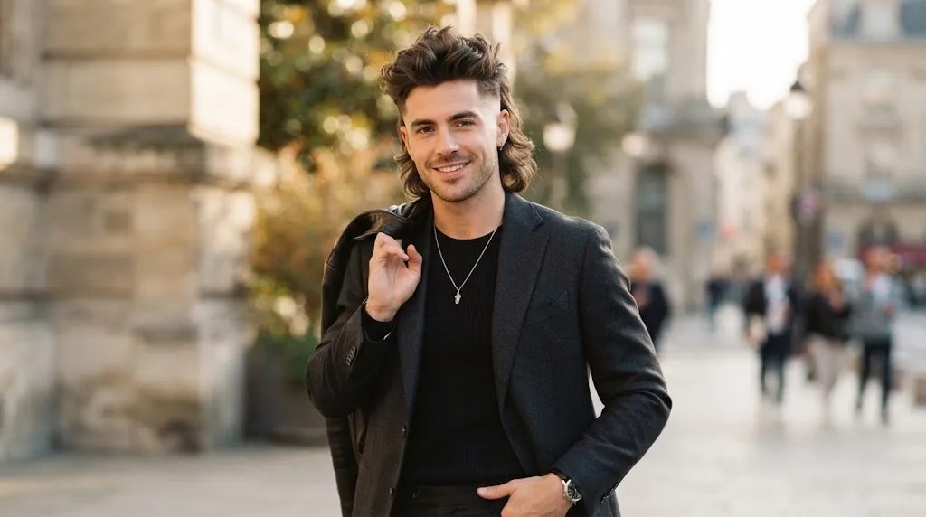 A stylish man showcasing a modern mullet flow with a faux hawk haircut, featuring lifted volume on top and natural medium-length flow at the back.