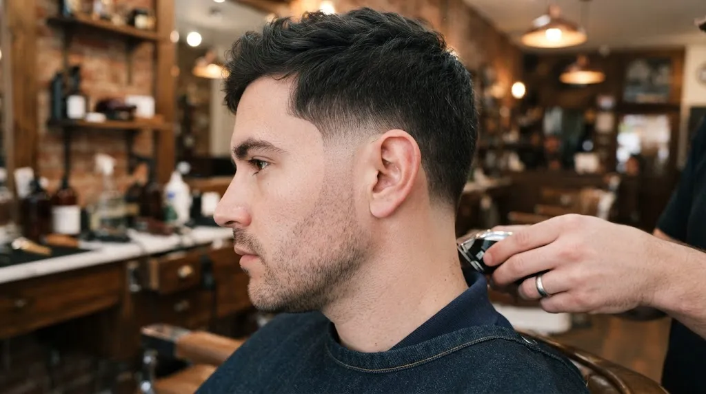 Close-up of a man's professionally groomed sideburn and ear-edge haircut showing a clean taper and natural line.