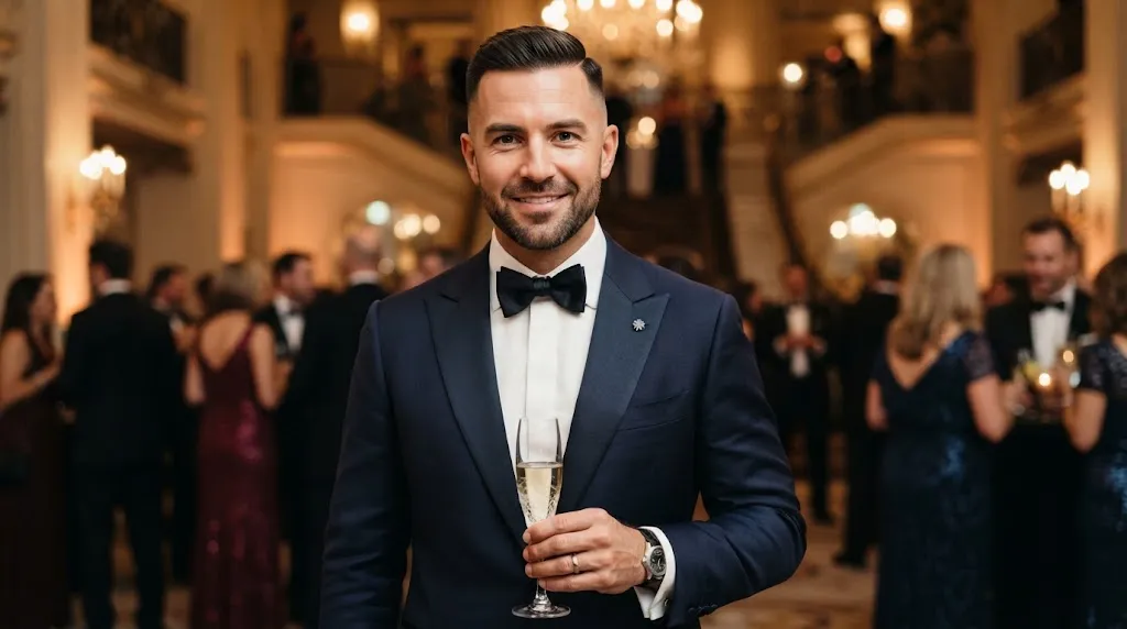 A well-groomed mature man with a clean taper fade haircut and tailored suit looking confident at a formal event, representing age-appropriate styling for men.