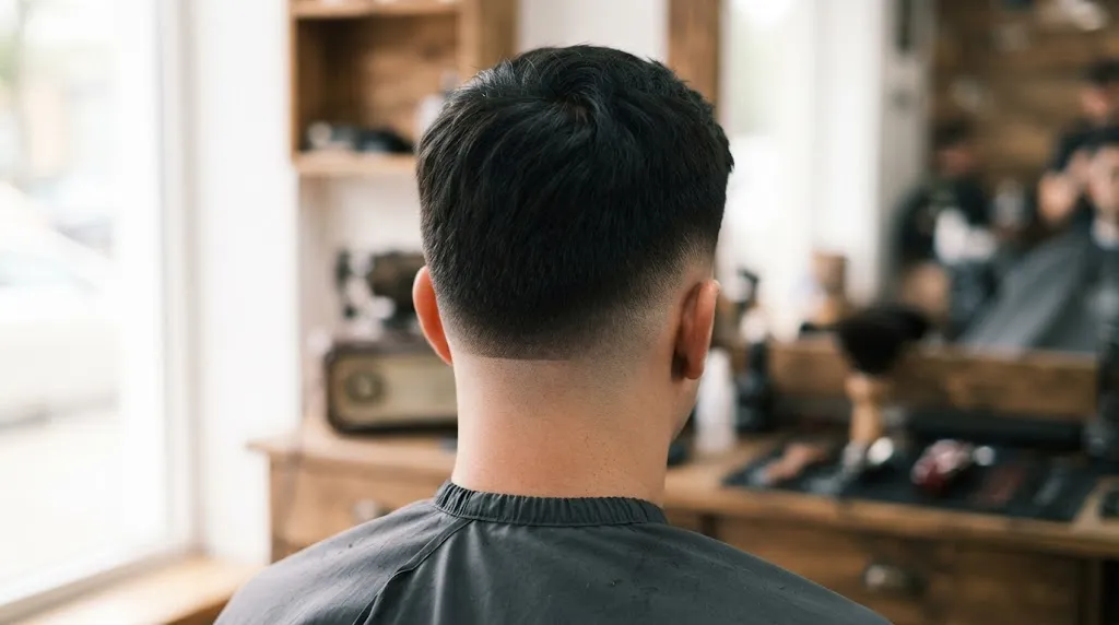 Professional back view of a men's haircut showing a clean squared neckline and tapered fade