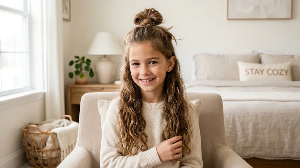 Young girl showcasing a cute and easy messy half-up bun hairstyle with naturally flowing wavy hair.