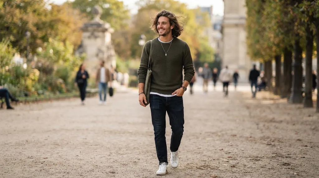 A stylish young man with a messy layered flow hairstyle showing natural texture and movement