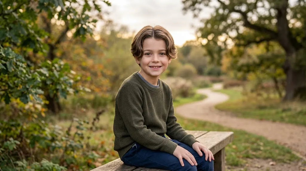 Child model showcasing a modern middle part hairstyle with soft curtain bangs framed around the face