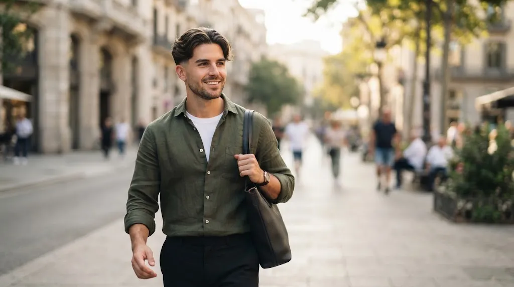 Man with a stylish middle part flow haircut and low taper fade showcasing natural texture and movement