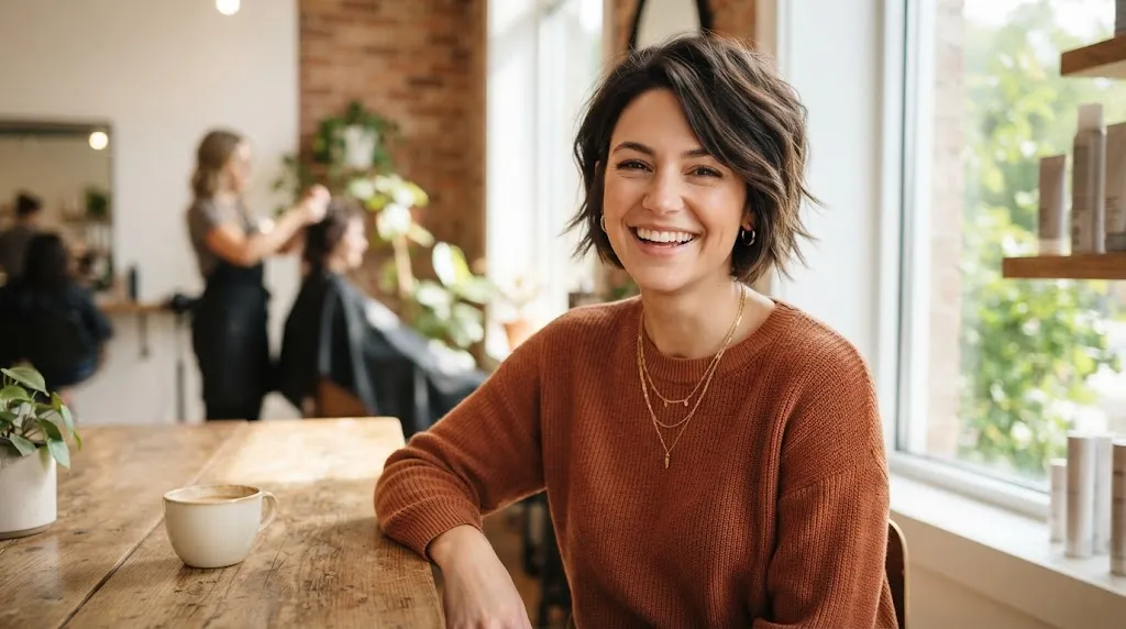 A stylish woman with a trendy bixie cut featuring soft textured layers and natural volume, perfect for short hairstyles.