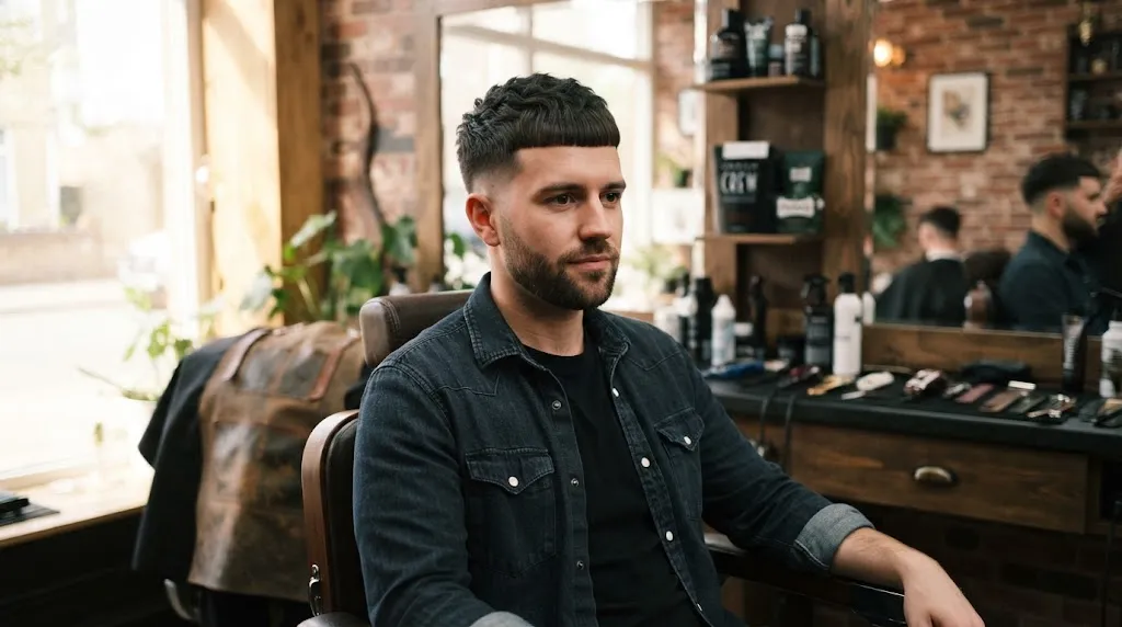 Professional photo of a clean Caesar haircut for men featuring a neat blunt fringe and short textured sides.