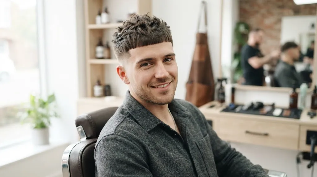 A stylish man with a modern French crop haircut featuring a textured top and clean blunt fringe in a barbershop.