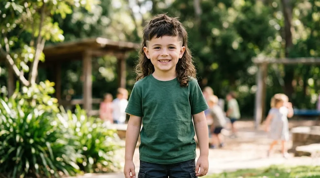 Young boy with a modern kids mullet haircut featuring faded sides and textured back length