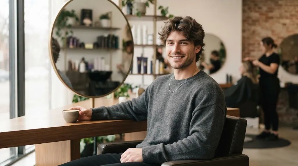 A stylish man showcasing a modern medium-length layered haircut with natural movement and texture for everyday wear.
