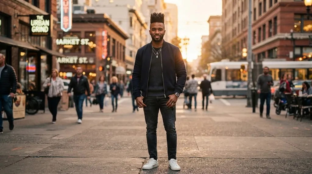 A stylish man showcasing a bold modern mohawk haircut with clean faded sides in an urban setting