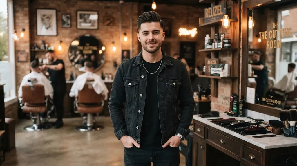 A man with a clean, textured quiff haircut and styled hair in a modern barbershop environment