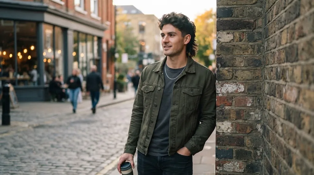 A stylish young man with a modern, textured mullet haircut posing on a European cobblestone street during golden hour, wearing a green jacket.