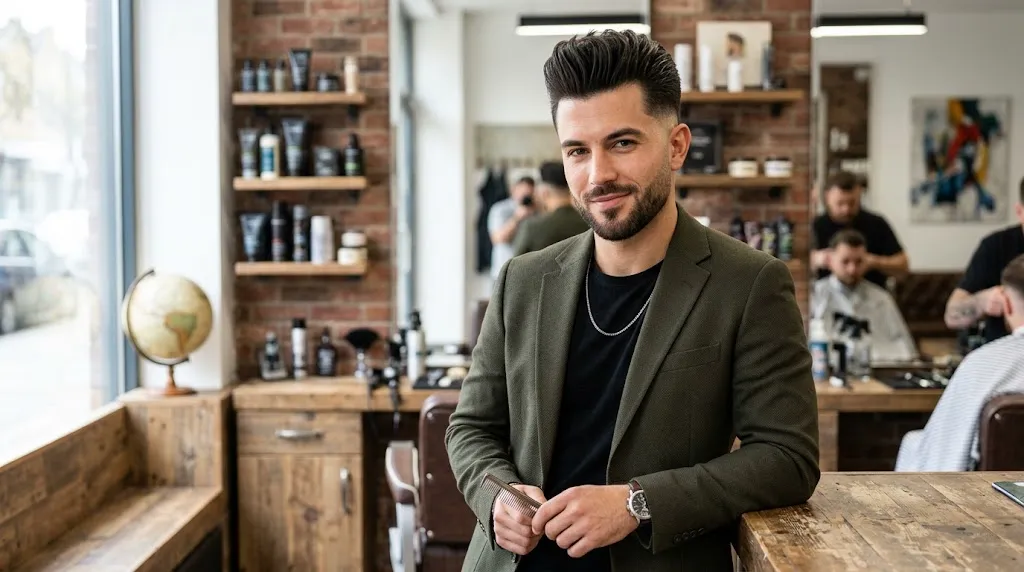 Man with a modern pompadour haircut featuring high top volume and a clean low fade
