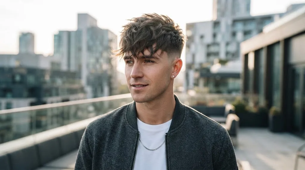 A stylish young man on an urban rooftop modeling a modern, textured crop haircut with a taper fade.