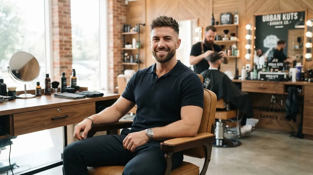 A stylish man with a clean, popular haircut smiling in a modern barbershop, showcasing the most common men's haircuts.