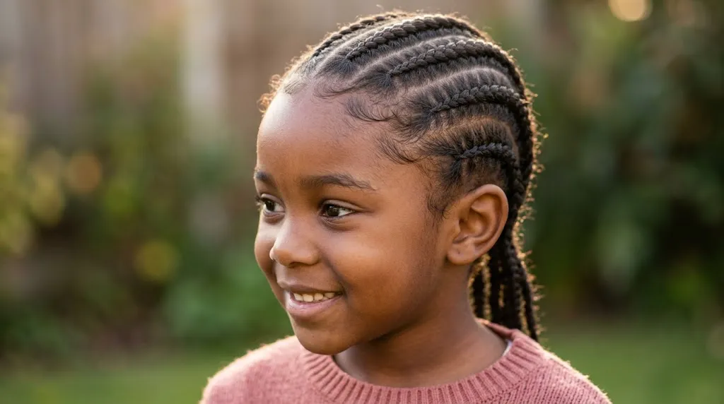 Clean and low-tension classic cornrows hairstyle for kids on natural textured hair