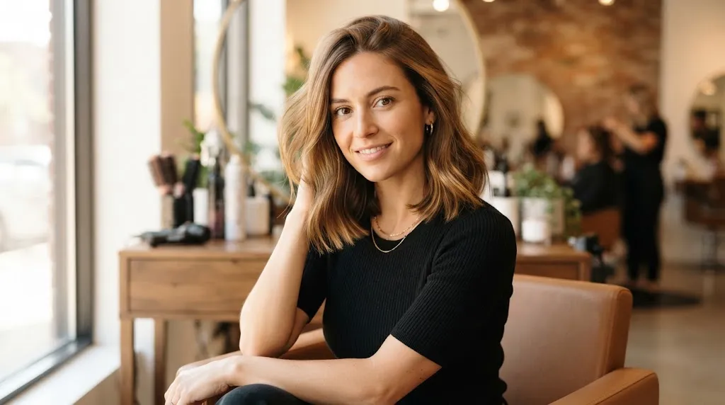 Woman featuring an off-duty collarbone-length lob with soft curved ends and touchable internal layers