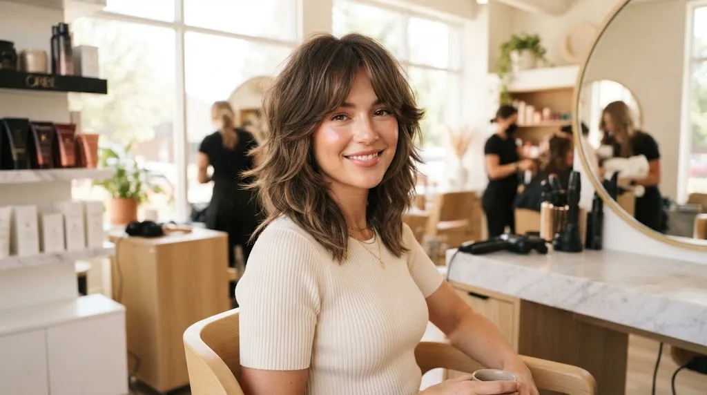 Modern polished shag haircut on medium-length hair with textured layers and soft face-framing flips in a bright salon setting.