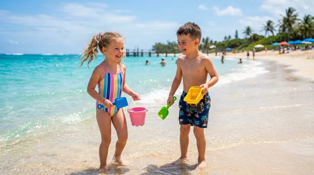 Cute and durable pool and beach day hairstyles for young girls and boys playing by the water