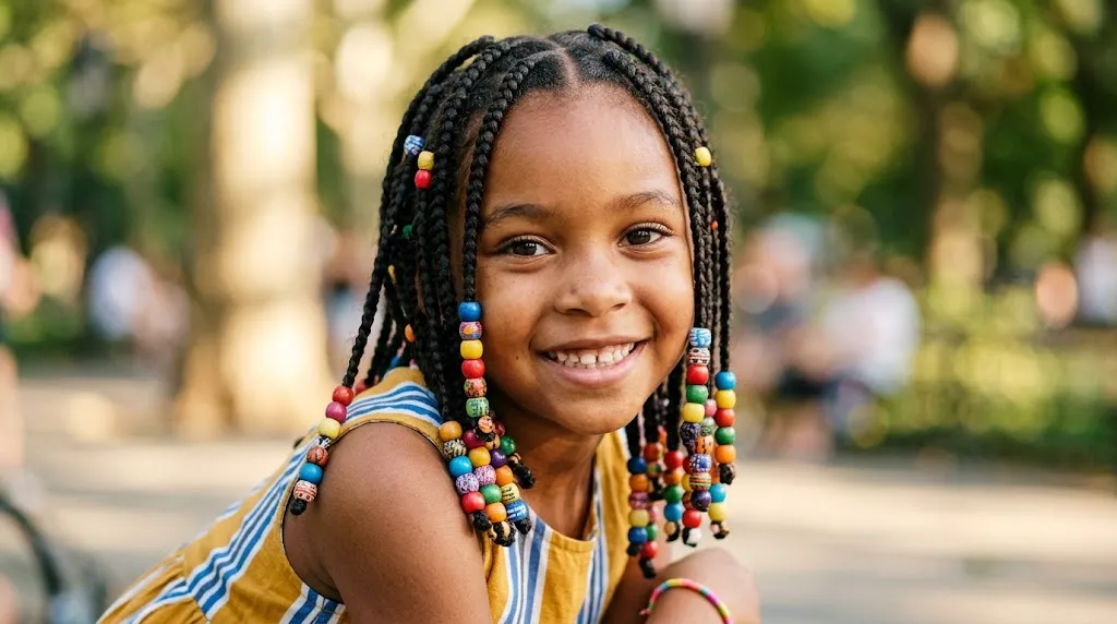 Young girl with neat protective braids and vibrant colorful beads adding a pop of color