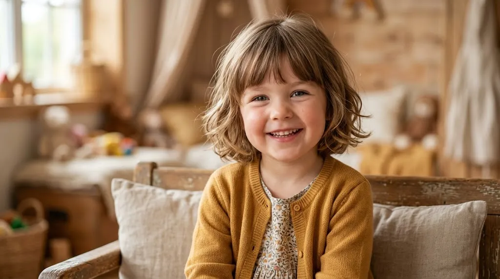 Cute child with a round face shape showcasing a low-maintenance trendy hairstyle for children