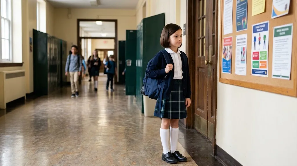 Neatly styled schoolgirl hairstyle in school uniform complying with school hair rules and guidelines