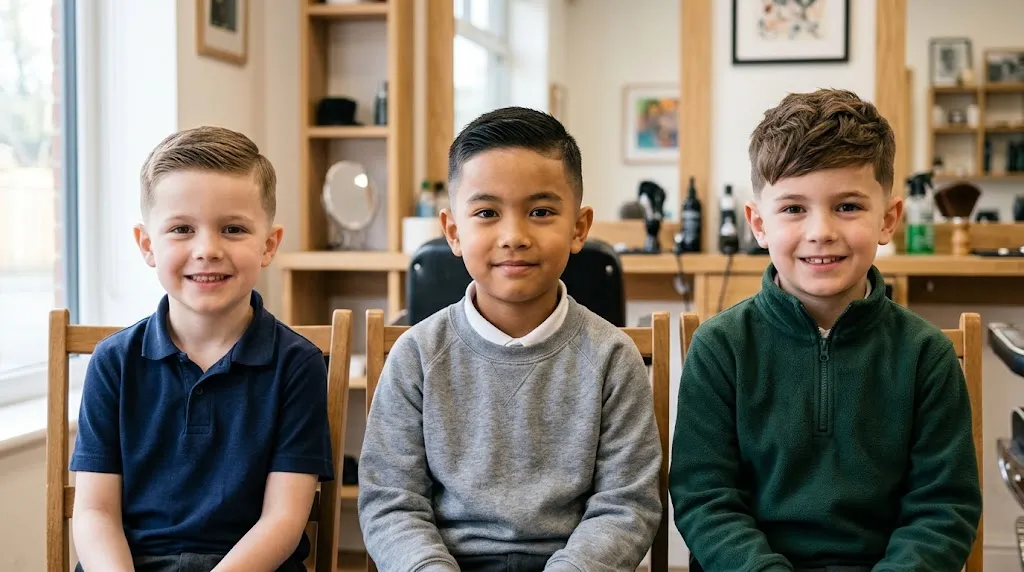 Neat and stylish school haircuts for boys showing low-taper fade and textured crop styles for kids in 2026