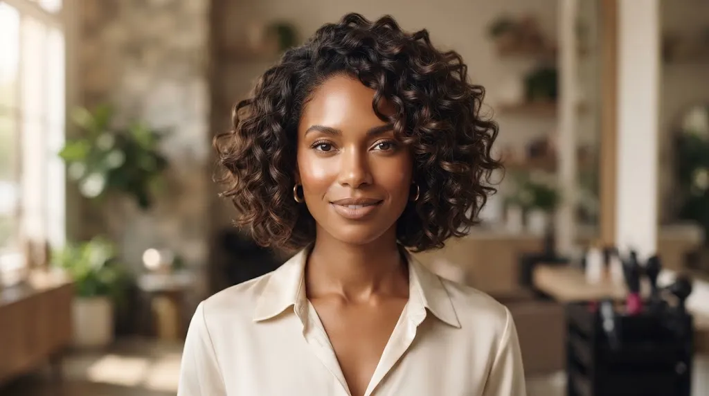 Sculpted curly bob haircut on Type 3 curls with defined volume and interior layering