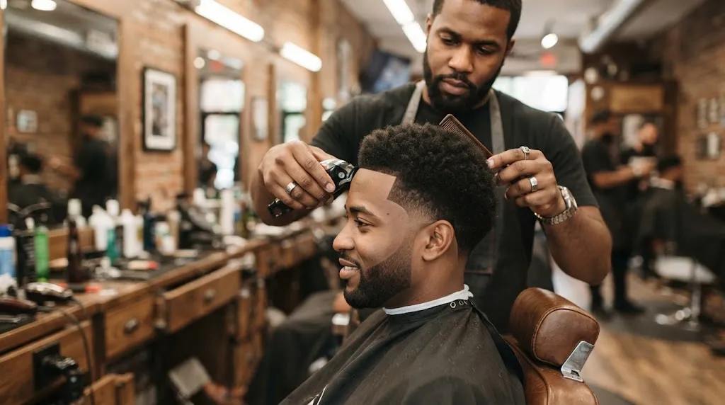 A professional barber styling a clean, short afro haircut with neat tapered edges on a man for an everyday look