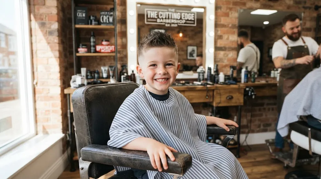 A happy young boy sitting in a modern barbershop showcasing a trendy short and spiked haircut for kids