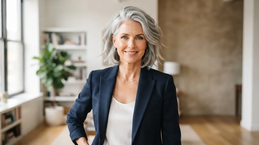 Confident person with a stylish modern silver fox haircut and natural highlights, showcasing a bold and youthful grey hairstyle.