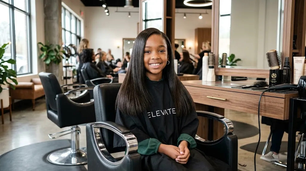 Young girl with a glossy, smooth silk press hairstyle sitting in a salon chair