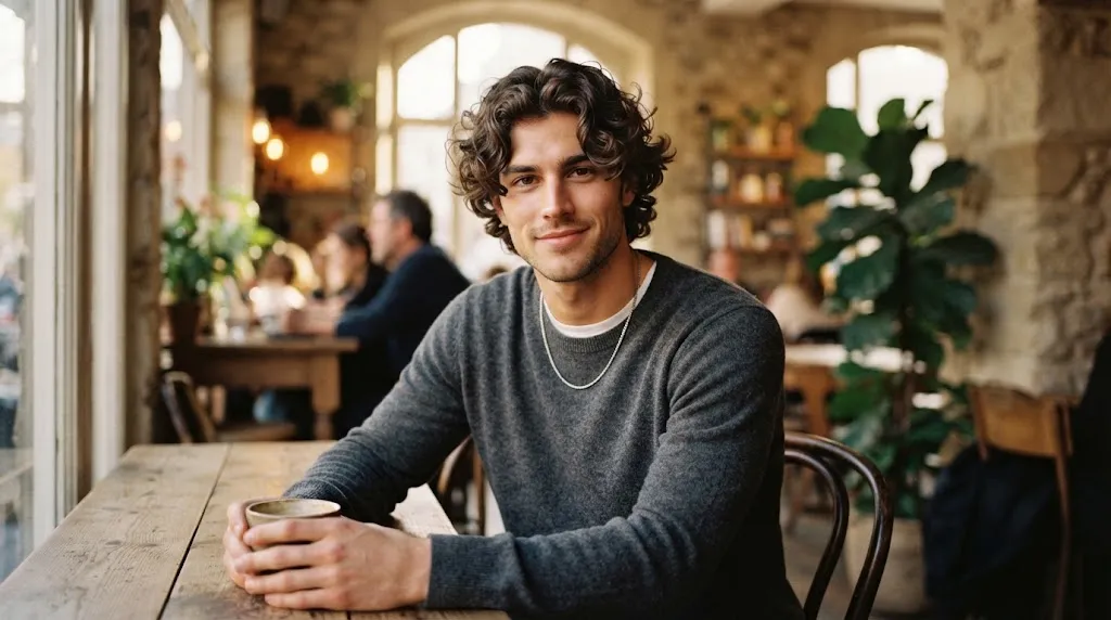 A stylish man with soft curls and trendy curtain bangs framing his face in natural lighting