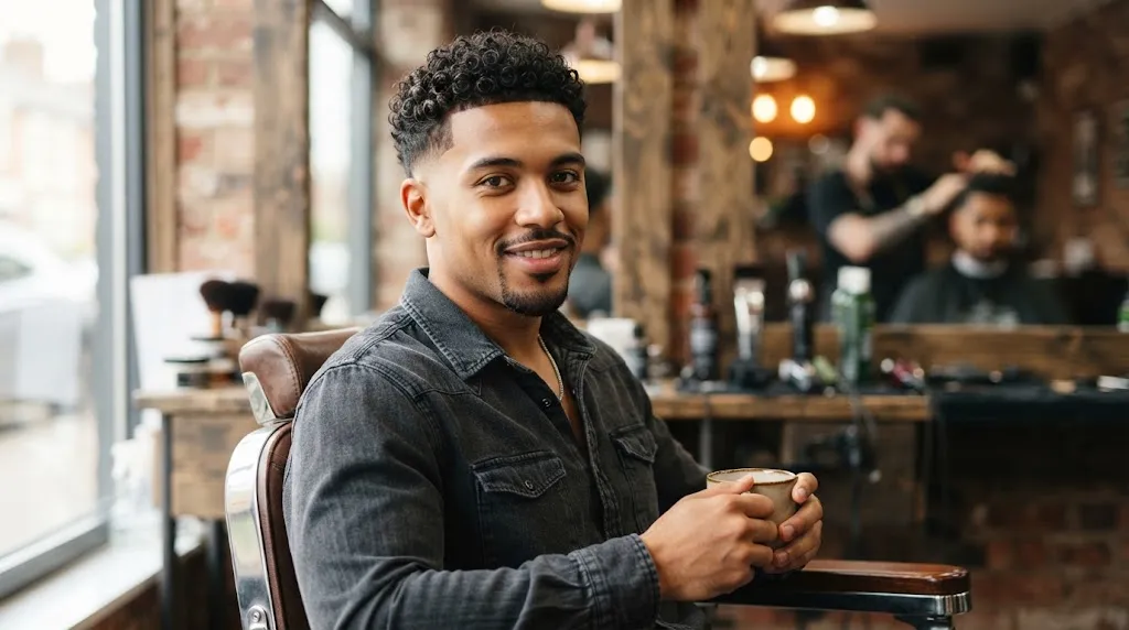 A stylish young man with well-defined short curly hair and a clean low taper fade haircut in a modern barbershop.