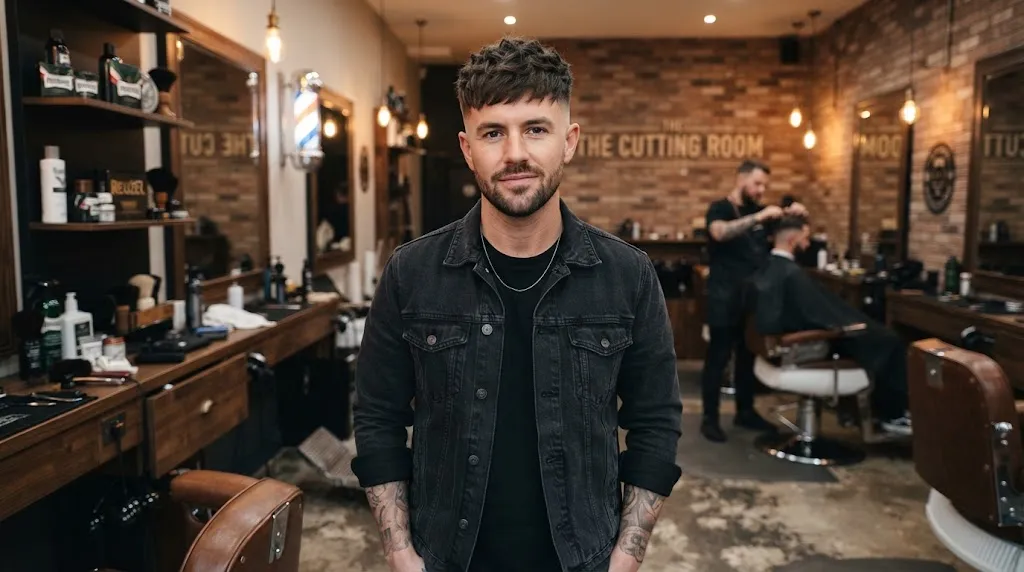 A stylish man with a modern textured crop haircut, choppy layered top, and clean skin fade in a professional barbershop setting