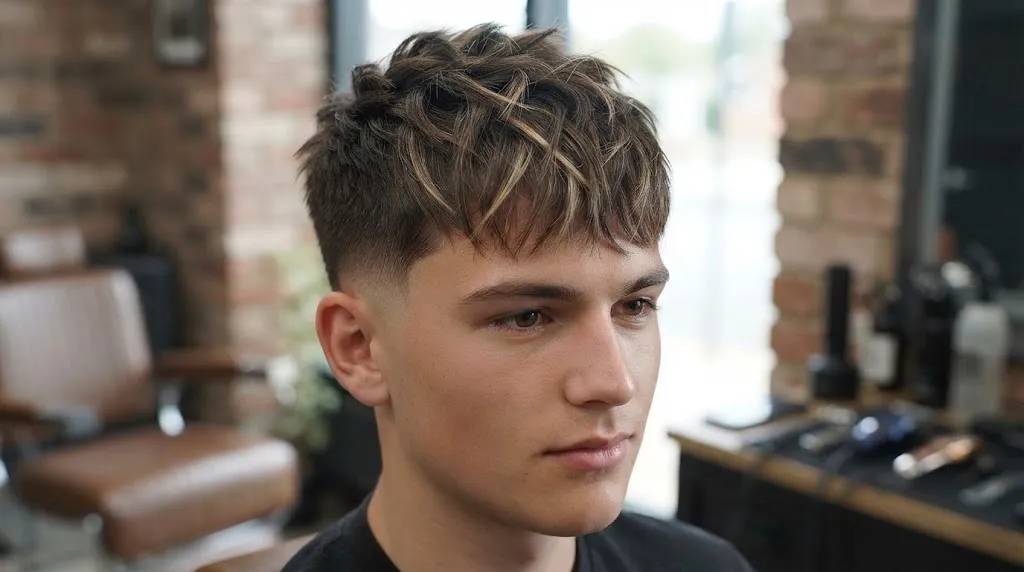 "A close-up photograph of a male model in a barbershop with a modern textured crop haircut featuring subtle honey-blonde balayage highlights and a skin fade."
