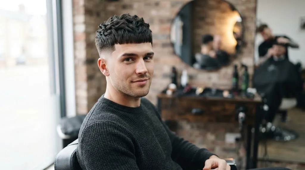 Man with a modern textured crop haircut featuring a short blunt fringe and low fade in a modern barbershop