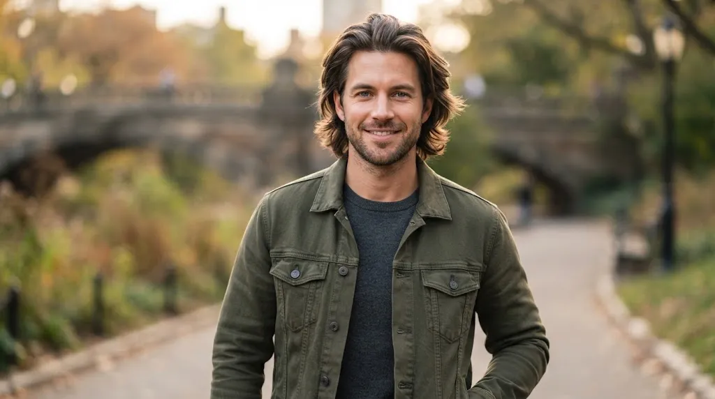 A stylish man with a textured flow haircut featuring medium-length layered hair sweeping naturally back