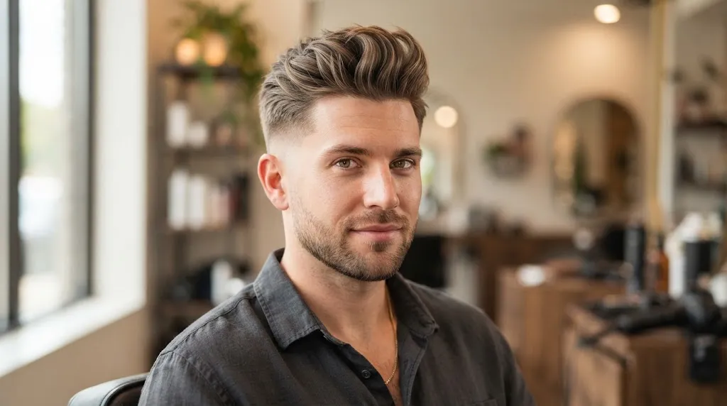 Modern men's textured quiff haircut with natural volume and short tapered sides