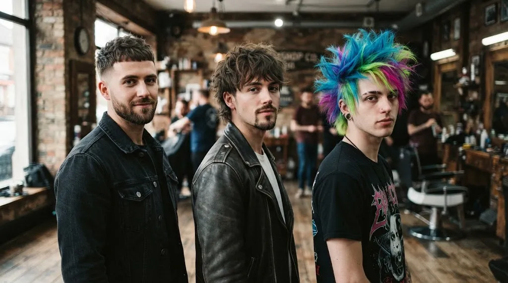 A visual breakdown of the funk scale showing subtle, bold, and wild men hair styles ranging from textured crops to edgy silhouettes in a modern barbershop.