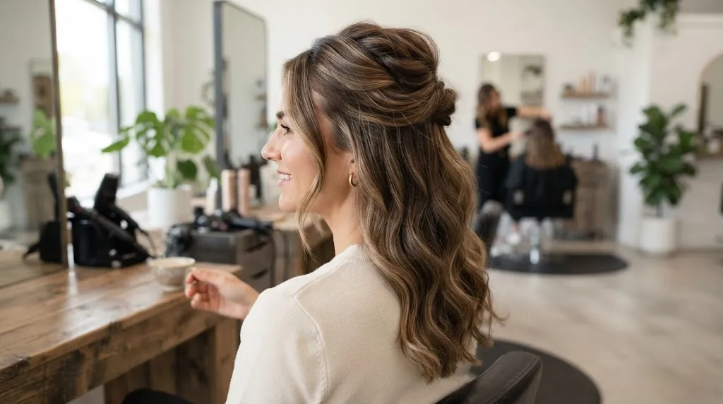Woman with a modern half-up half-down hairstyle showing soft waves and upper crown volume