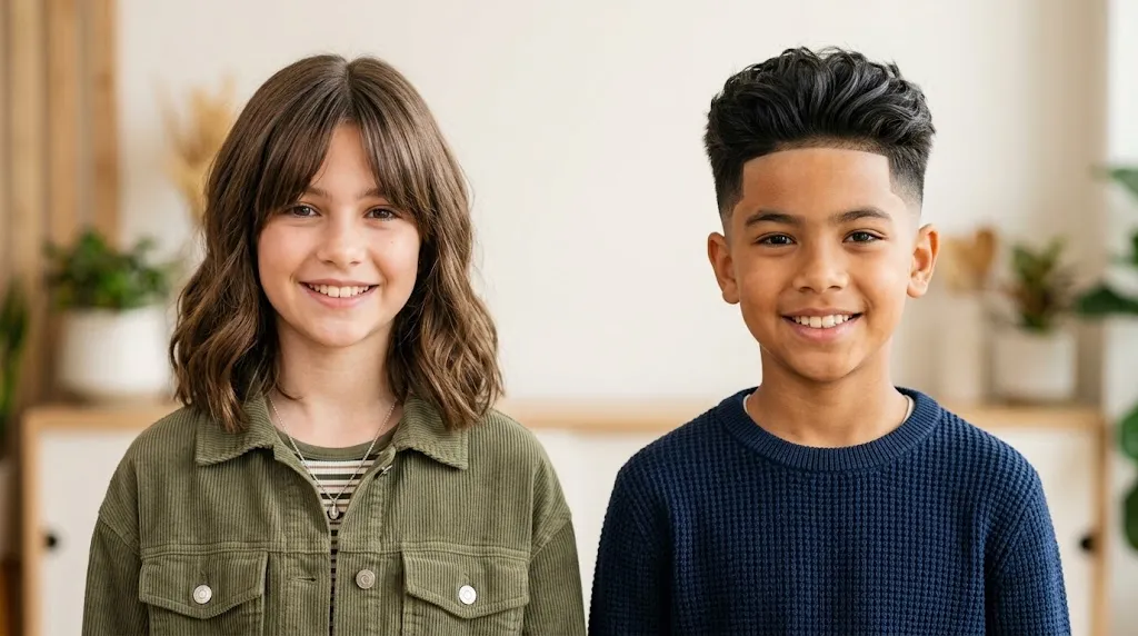 Trending hairstyles for tweens aged 9 to 12 showing a girl with curtain bangs and a boy with a low taper fade haircut