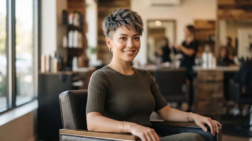 A stylish woman with a trendy undercut pixie haircut featuring textured top layers and shaved sides in a modern salon.