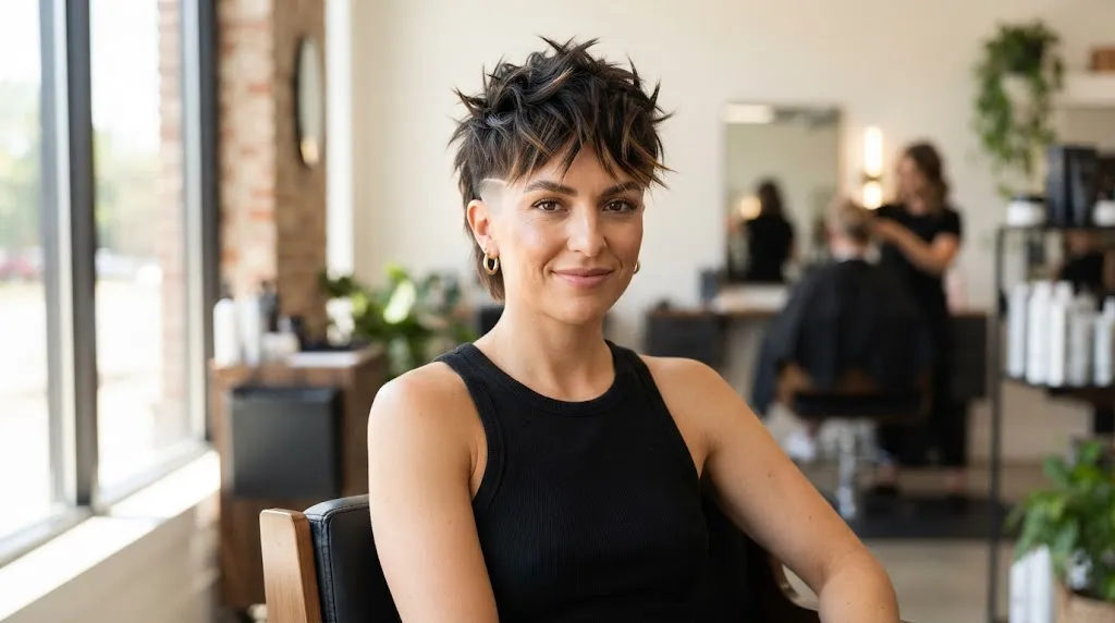 A stylish person with a Warrior Cut featuring a spiked choppy-layered top and clean tapered sides in a modern hair salon