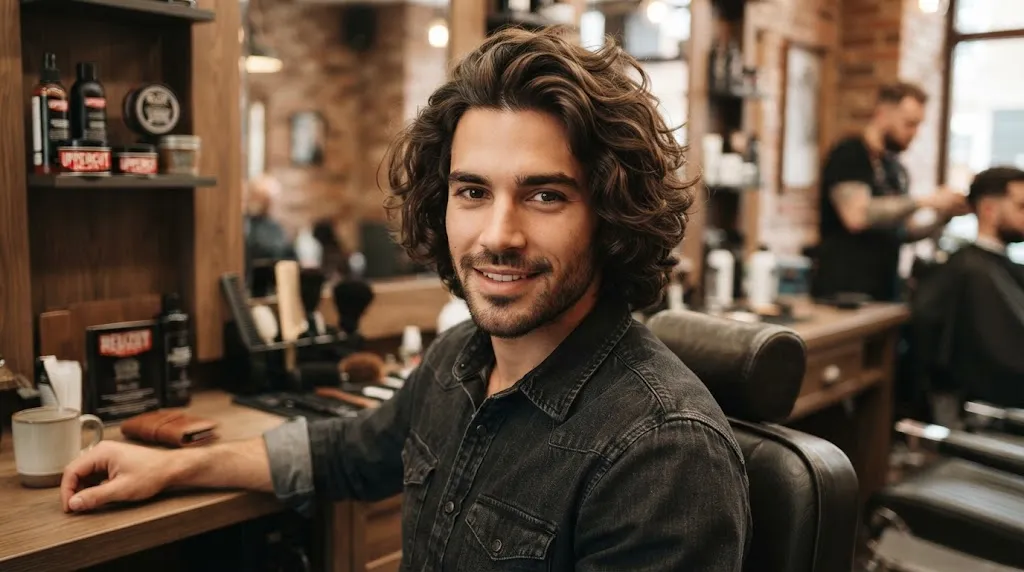Man with healthy, well-styled wavy, curly, and thick hair showing natural texture in a modern barbershop