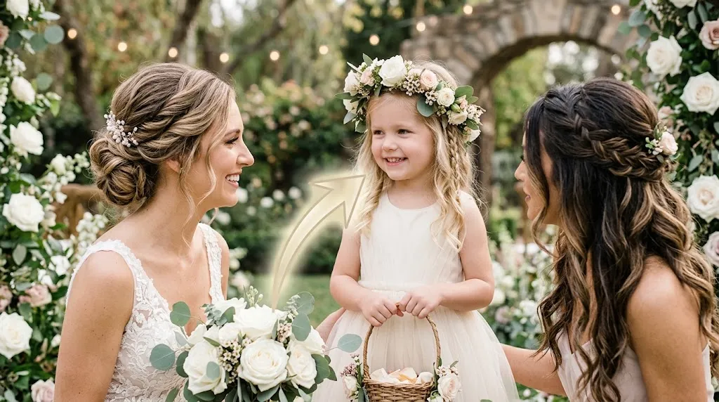 Two young flower girls showcasing elegant braided updo and loose curl wedding hairstyles with fresh flowers